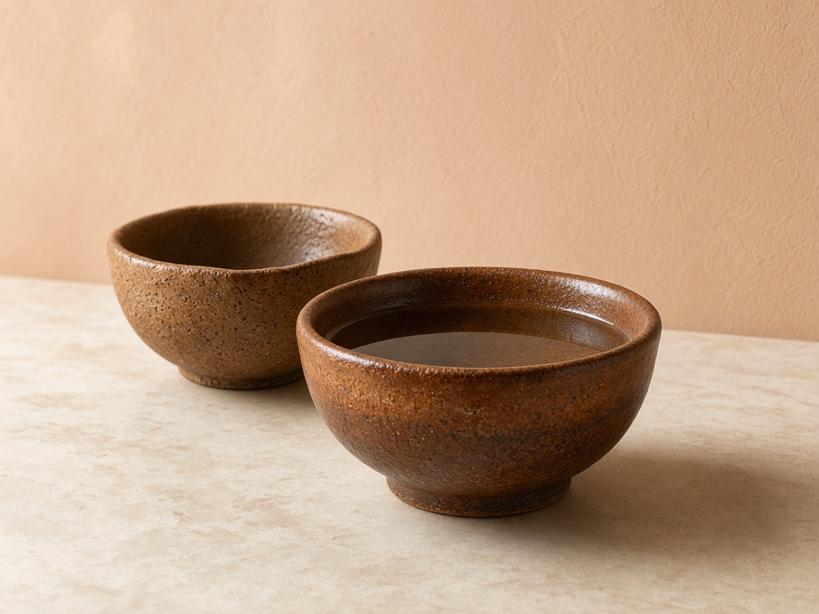 Two amber ceramic bowls on a cream counter, one filled with water.