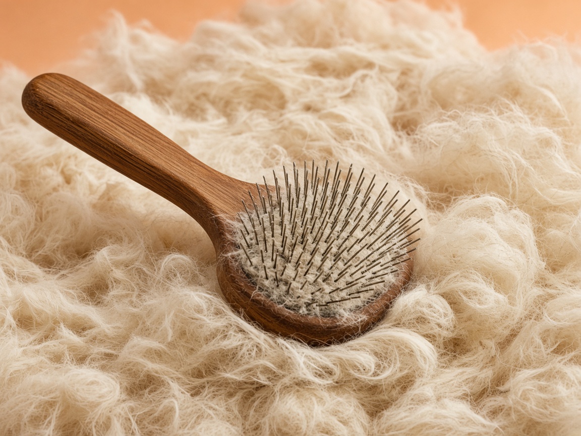 A wooden brush resting on a thick cream coat full of loose undercoat.
