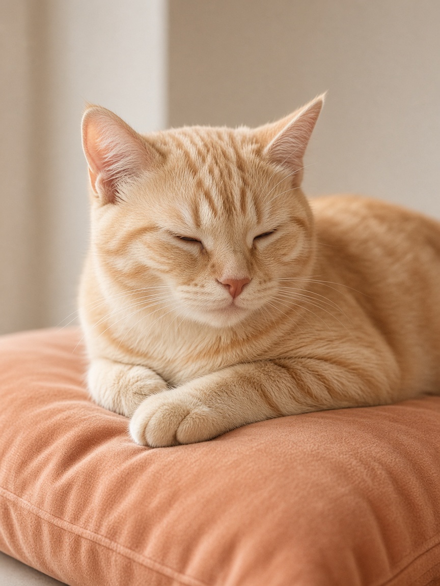 A calm cream-and-amber cat resting with closed eyes on a peach cushion.