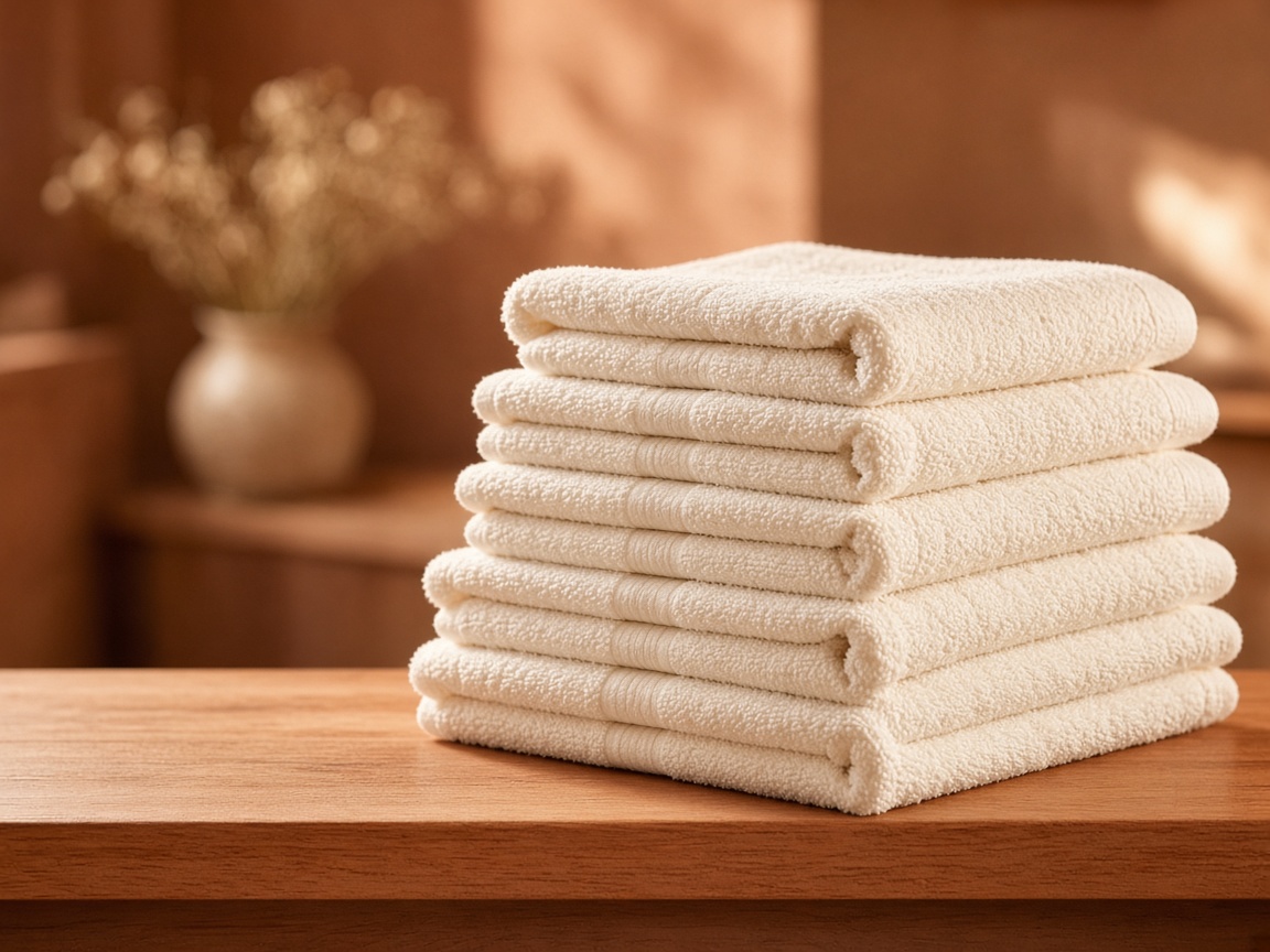 A stack of folded cream towels on a wood bench.