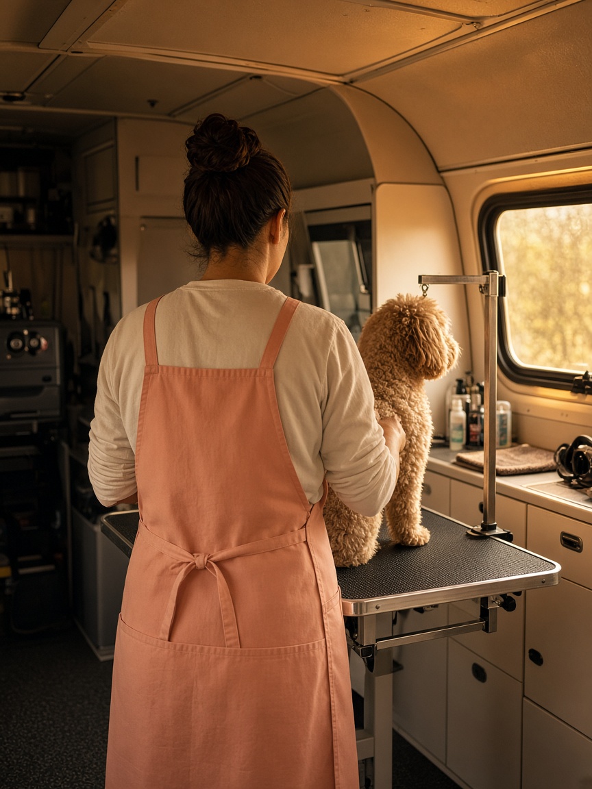 Groomer from behind, peach apron, working at the van table.