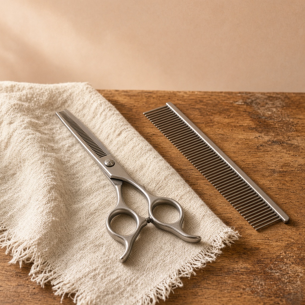 Grooming scissors and a metal comb on cream linen.