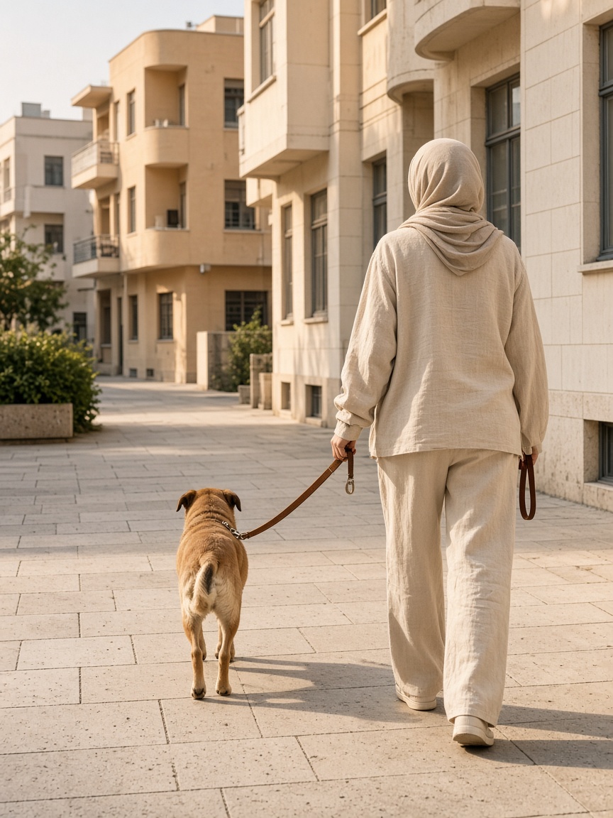 A person seen from behind walking a leashed dog along a pale Tel Aviv sidewalk.