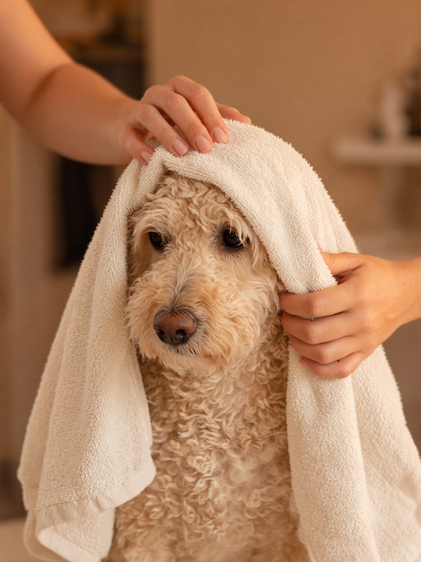 A cream curly dog wrapped in a towel while hands dry its coat.