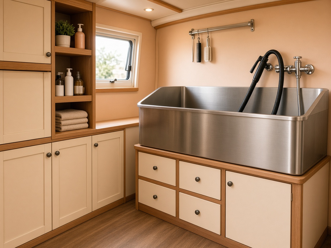 Peach interior of the grooming van with a steel tub and cream cabinets.